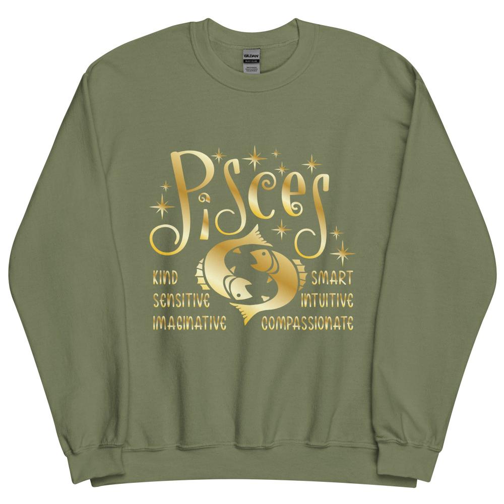 Pisces Zodiac Positive Traits Sweatshirt - Military Green Color - https://ascensionemporium.net